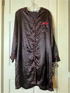 Women's Black Satin Polka Dot Nightshirt with Red Trim